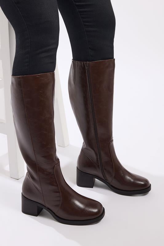Plus Size  Yours Brown Square Toe Knee High Boots In Extra Wide EEE Fit
