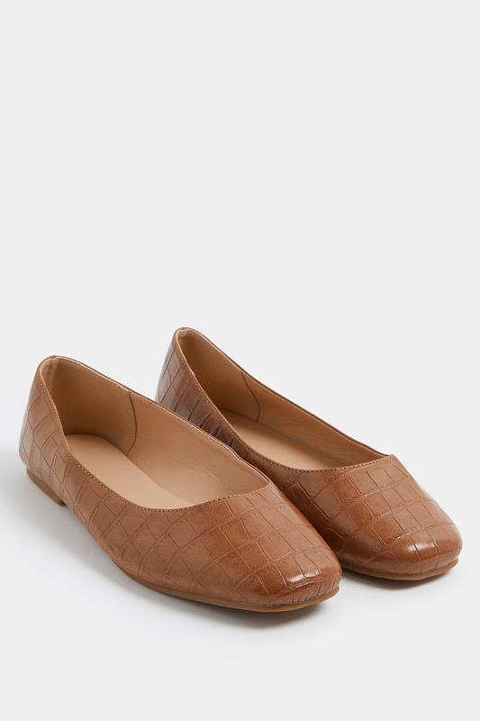 Brown Croc Square Toe Ballet Pumps In Wide E Fit