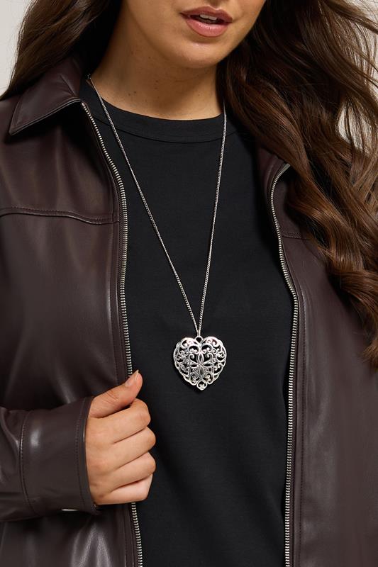 Silver Tone Filigree Heart Long Necklace