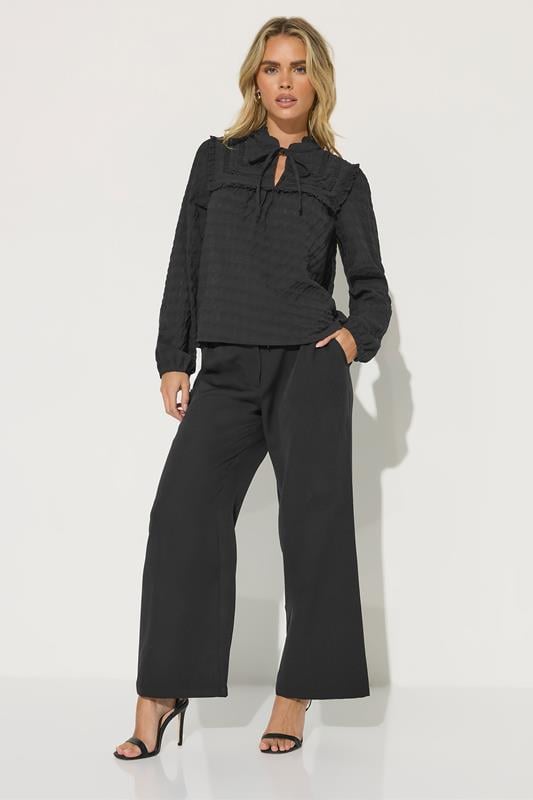 PixieGirl Petite Women's Black Crinkle Crochet Tie Neck Blouse | PixieGirl 3