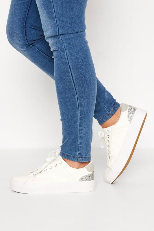Plus Size  Yours White Glitter Detail Trainers In Wide E Fit