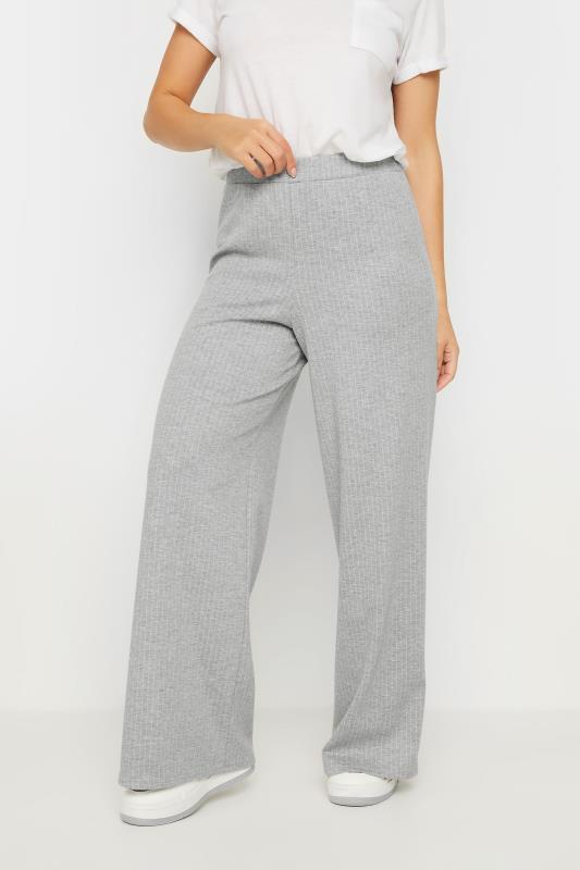 PixieGirl Petite Women's Light Grey Pinstripe Jersey Wide Leg Trousers | PixieGirl 2