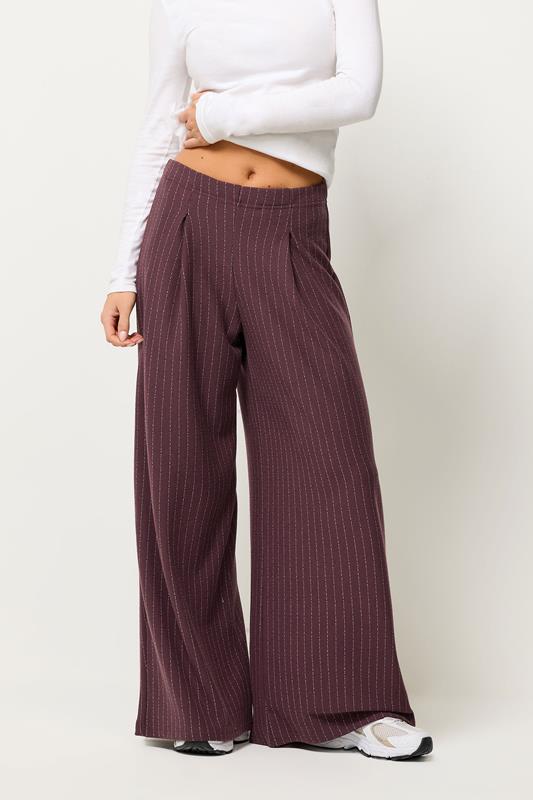 PixieGirl Petite Women's Burgundy Red Pinstripe Palazzo Wide Leg Trousers | PixieGirl 2