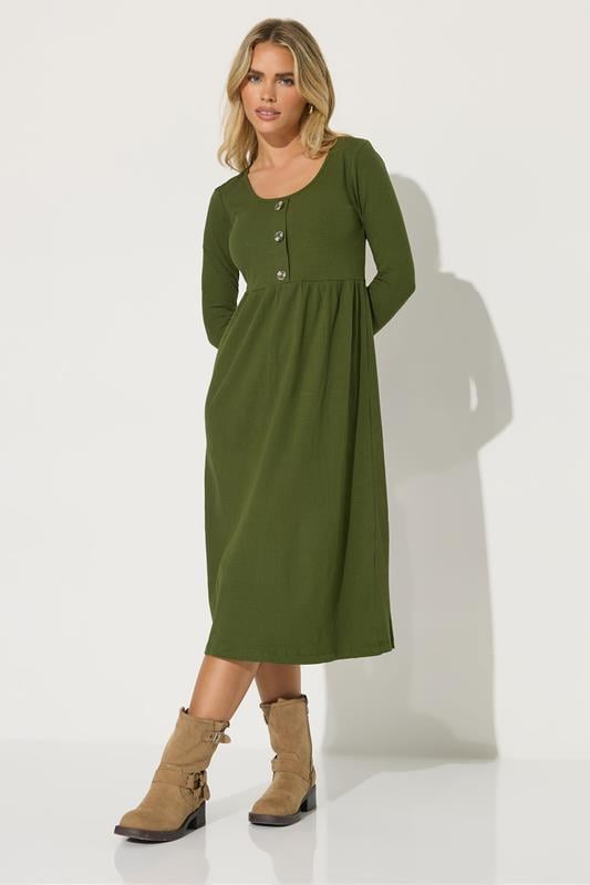 Petite  PixieGirl Petite Khaki Green Ribbed Button Midaxi Dress