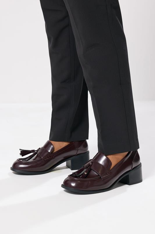 Plus Size  Yours Burgundy Red Patent Heeled Tassel Loafers In Extra Wide EEE Fit