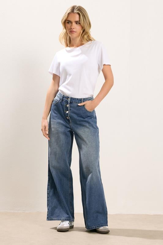 Petite  PixieGirl Petite Mid Blue Button Front Wide Leg Jeans