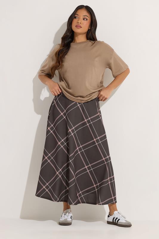 PixieGirl Petite Chocolate Brown & Pink Check Midi Skirt