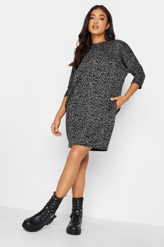 Petite Grey & Black Leopard Print Tunic Dress | PixieGirl  2