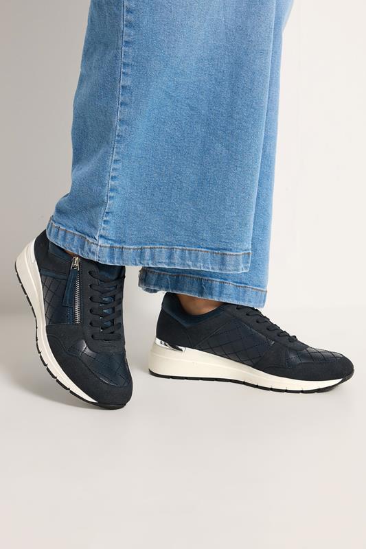  Yours Navy Blue Quilted Wedge Trainer In Wide E Fit