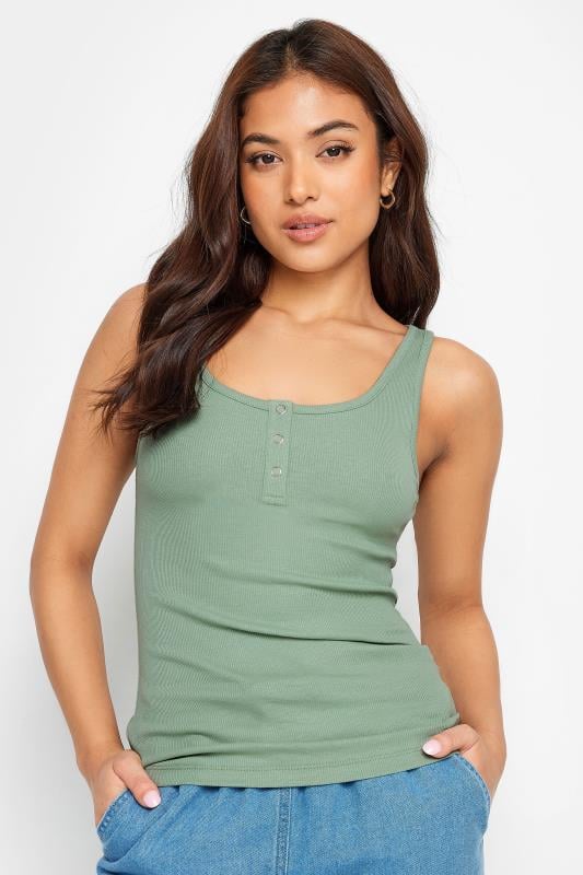 PixieGirl Petite Women's Sage Green Ribbed Popper Vest Top | PixieGirl 1