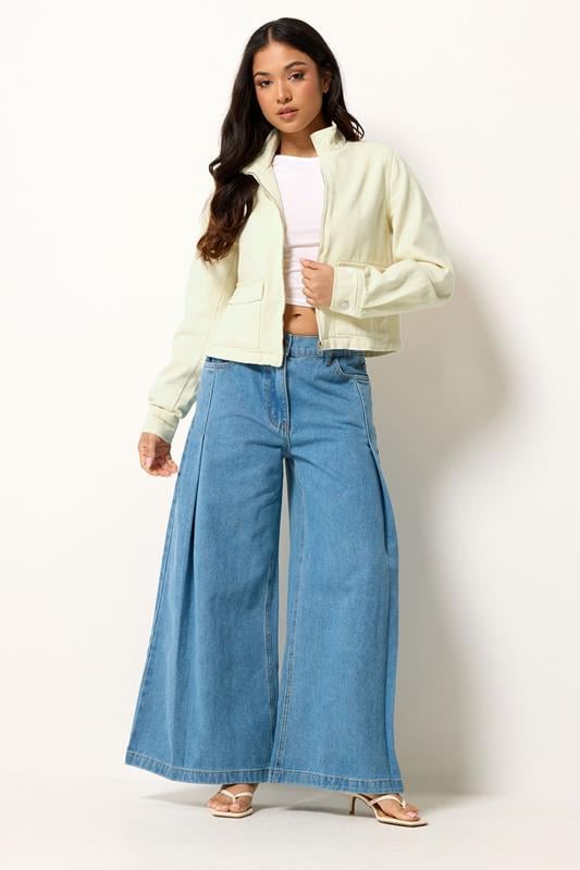 PixieGirl Petite Women's Lemon Yellow Funnel Neck Denim Jacket | PixieGirl 1