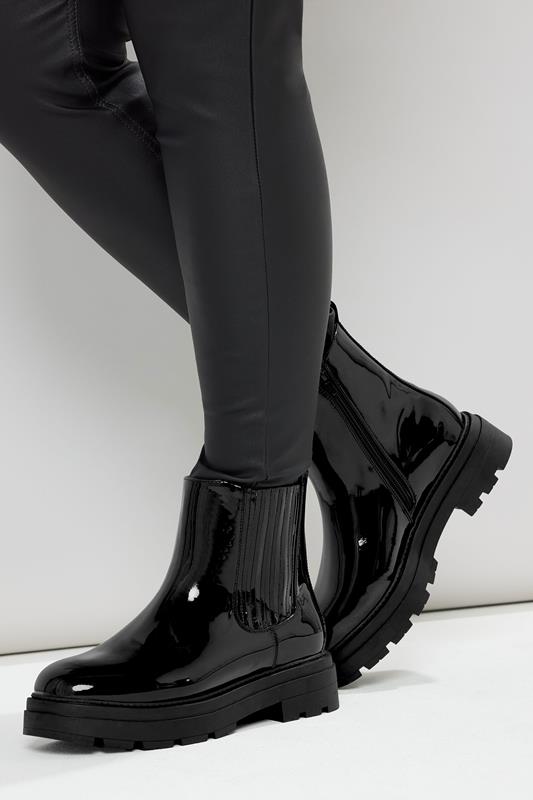 Black Patent Chunky Chelsea Boots In Extra Wide EEE Fit | Yours Clothing 1