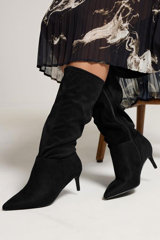 Plus Size  Yours Black Pointed Toe Kitten Heel Boots In Extra Wide EEE Fit