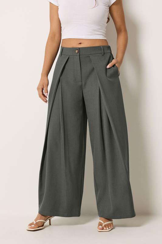 PixieGirl Petite Women's Grey Wrap Pleated Wide Leg Trousers