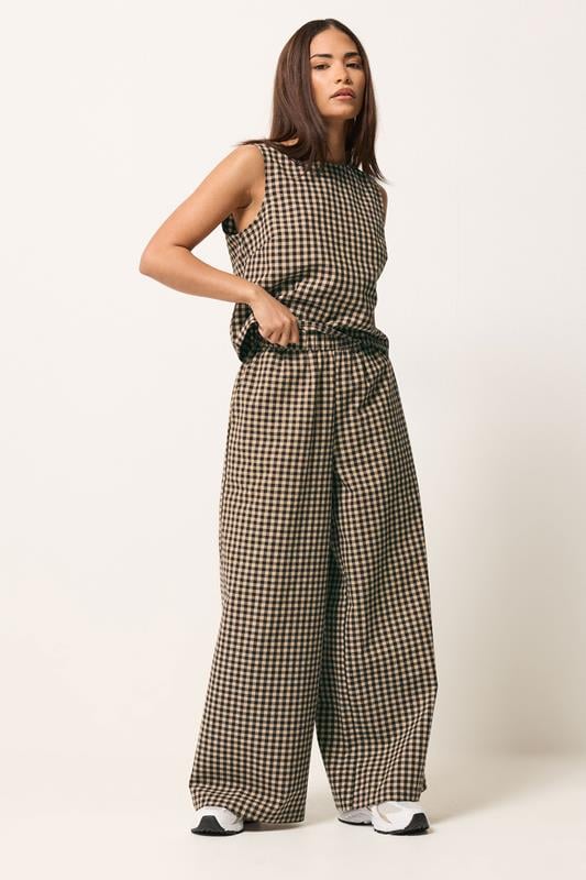 PixieGirl Petite Brown Gingham Wide Leg Trousers