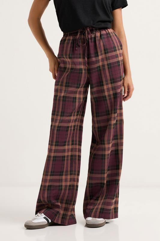 PixieGirl Petite Women's Burgundy Red Check Wide Leg Trousers | PixieGirl 2