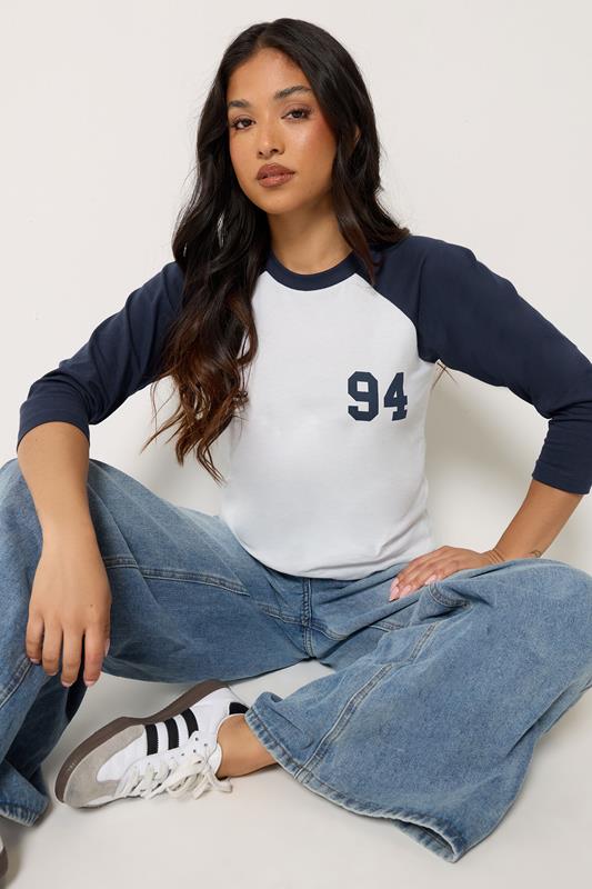  PixieGirl Petite Navy Blue '94' Slogan Cotton Raglan T-Shirt