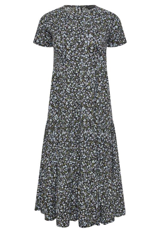 PixieGirl Petite Womens Blue & Black Ditsy Floral Print Tiered Midi Dress | PixieGirl 5