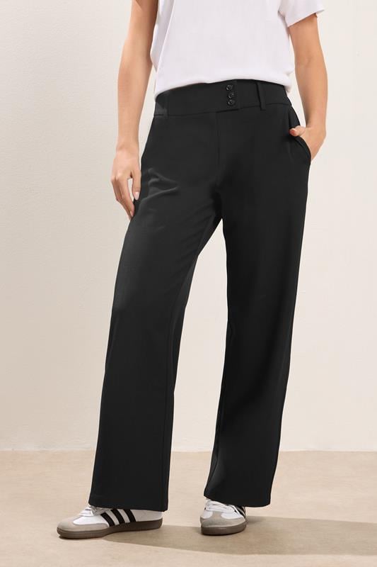 PixieGirl Petite Women's Black Button Tab Detail Wide Leg Trousers | PixieGirl 2