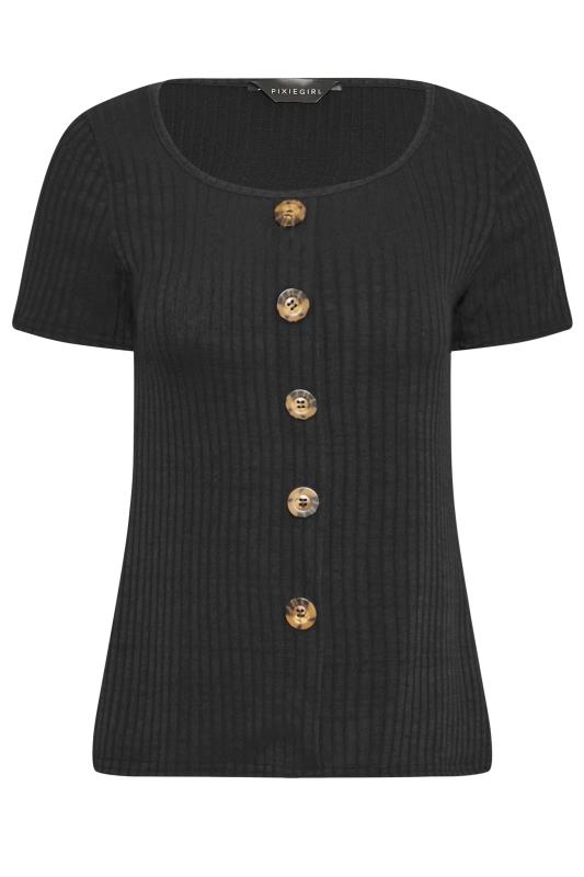 PixieGirl Petite Womens Black Ribbed Button Detail T-Shirt | PixieGirl 5