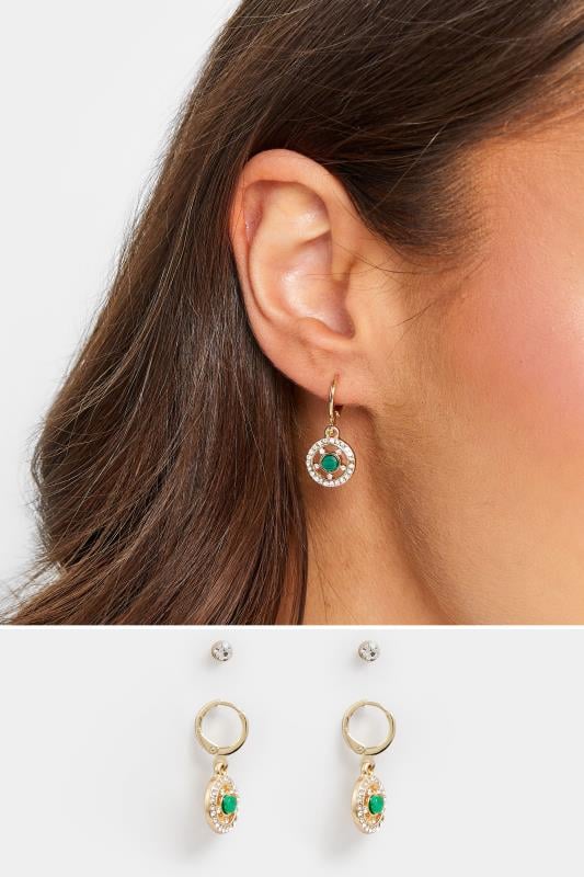 Plus Size  Yours Gold & Green Diamante Stud Drop Earrings