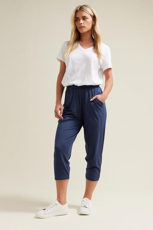  M&Co Navy Blue Elasticated Waist Cropped Hareem Trousers