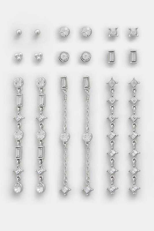9 PACK Silver Tone Diamante Mixed Earring Set | Yours Clothing 3
