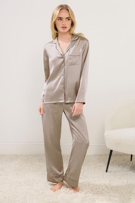 PixieGirl Petite Women's Natural Brown Satin Button Pyjama Set | PixieGirl 1