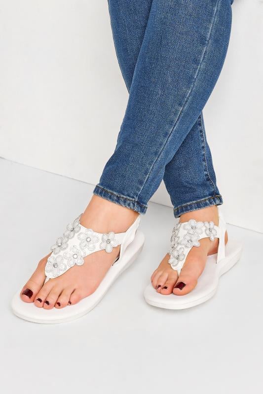 Plus Size  Yours White Diamante Flower Sandals In Wide E Fit & Extra Wide EEE Fit