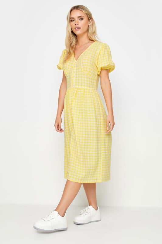 PixieGirl Petite Women's Yellow Gingham Print Button Through Midi Dress | PixieGirl 1