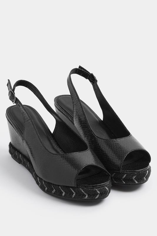  Yours Black Faux Leather Snake Wedge Sandals In Wide E Fit