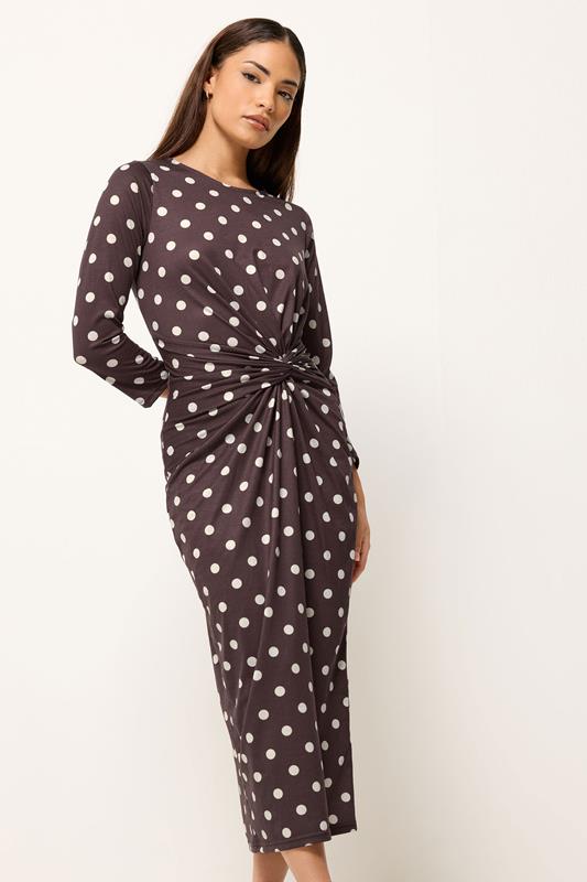 petite brown polka dot dress PixieGirl Petite Women's Chocolate Brown Polka Dot Twist Front Midi Dress