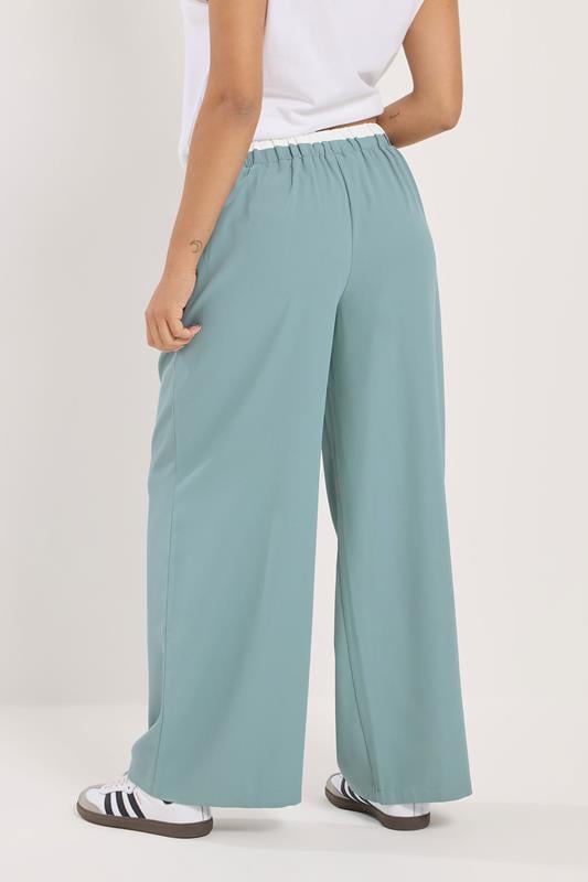 PixieGirl Petite Women's Blue Contrast Waist Wide Leg Trousers | PixieGirl 3