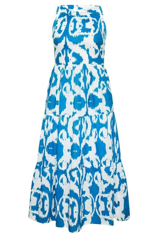 PixieGirl Petite Women's Blue & White Ikat Print Tiered Maxi Dress | PixieGirl 5
