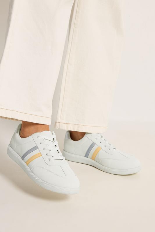 White & Yellow Retro Stripe Trainers In Extra Wide EEE Fit