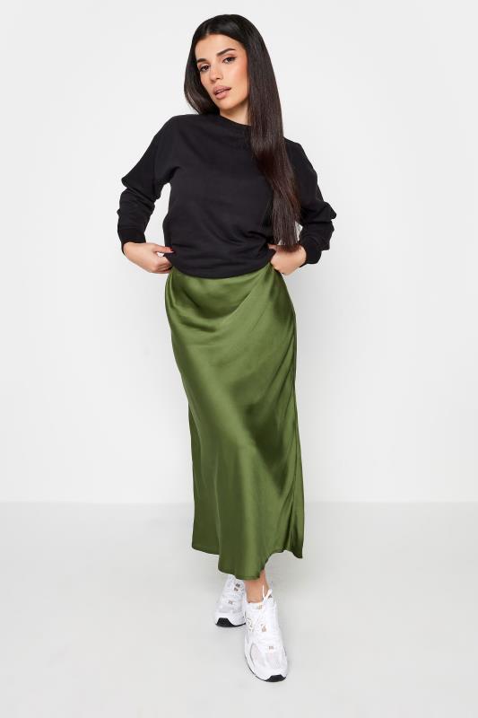 PixieGirl Petite Olive Green Satin Midaxi Skirt | PixieGirl