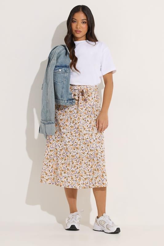 PixieGirl Petite Lilac Purple Ditsy Floral Belted Midi Skirt