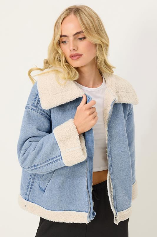 Petite  PixieGirl Petite Light Blue Denim Borg Zip Jacket