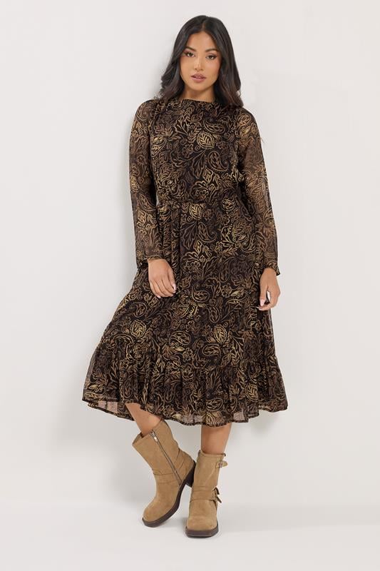 PixieGirl Petite Black & Brown Leaf Midi Dress