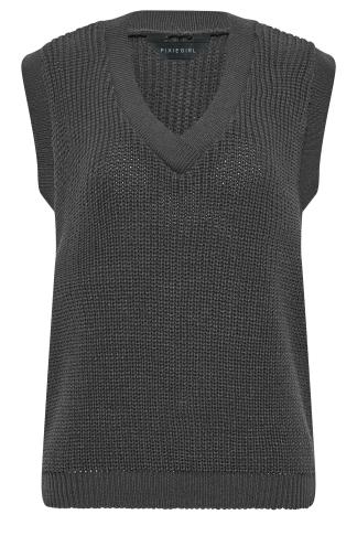 Petite Charcoal Grey Chunky V-Neck Knitted Vest Top | PixieGirl