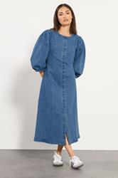 PixieGirl Petite Women's Mid Blue Puff Sleeve Midi Dress | PixieGirl 3