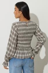 PixieGirl Petite Women's Brown Check Shirred Long Sleeve Top | PixieGirl 4