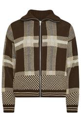 PixieGirl Petite Women's Chocolate Brown Knitted Check Zip Cardigan | PixieGirl 1