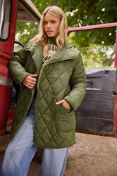 PixieGirl Petite Women's Khaki Green Funnel Neck Quilted Coat | PixieGirl 1