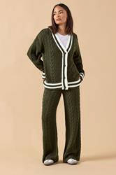 PixieGirl Petite Women's Khaki Green Contrast Cable Knit Cardigan | PixieGirl 2