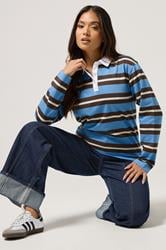 PixieGirl Petite Women's Brown & Blue Striped Rugby T-Shirt | PixieGirl 1