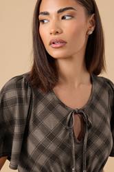 PixieGirl Petite Women's Brown Check Tie Front Midi Dress | PixieGirl 4
