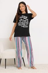 PixieGirl Petite Black Women's 'Slow Sunday Coffee Club' Slogan Pyjama Set | PixieGirl 1
