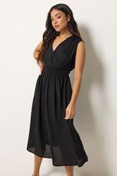 PixieGirl Petite Women's Black Shirred Waist Midi Dress | PixieGirl 3