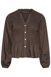 PixieGirl Petite Chocolate Brown Shirred Long Sleeve Shirt